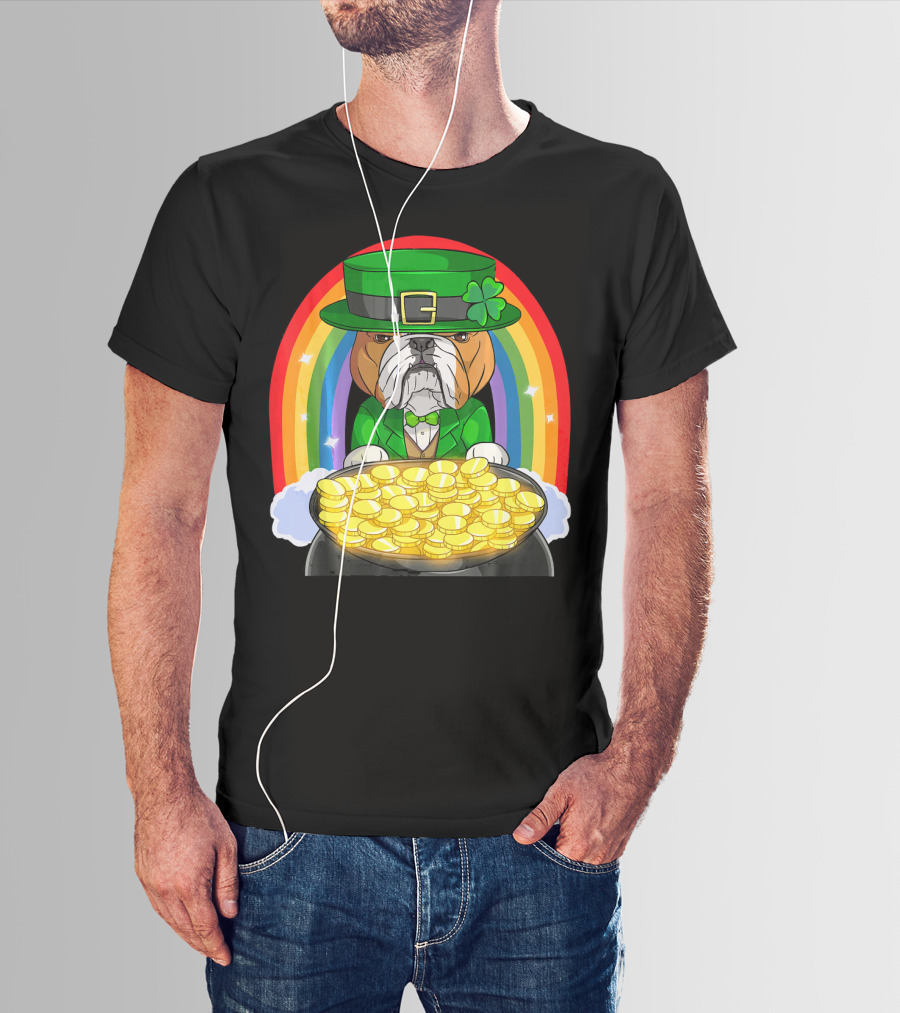 English Bulldog St Patricks Day Leprechaun Pot Of Gold Rainbow T-Shirt