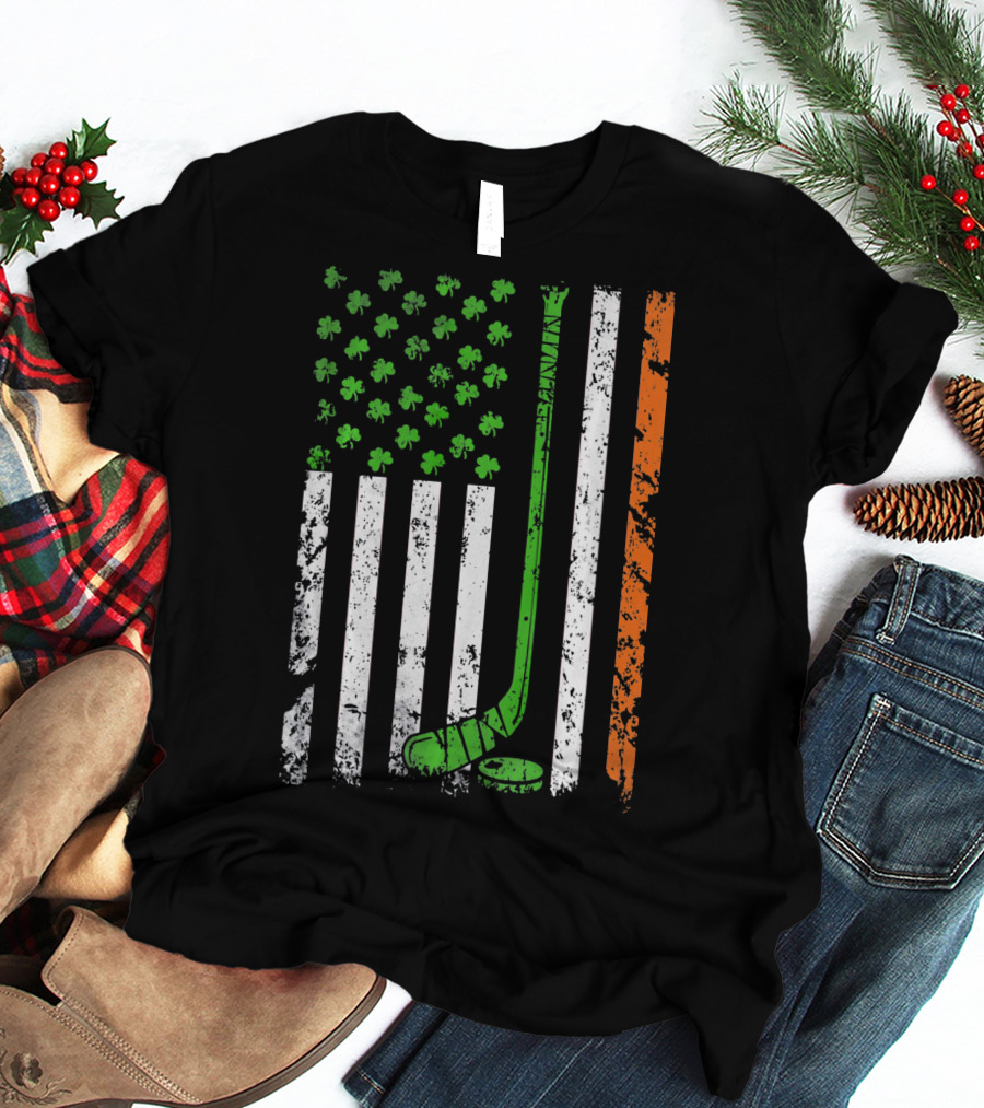 Irish American Hockey Flag With Shamrocks And Hockey Stick T-Shirt
