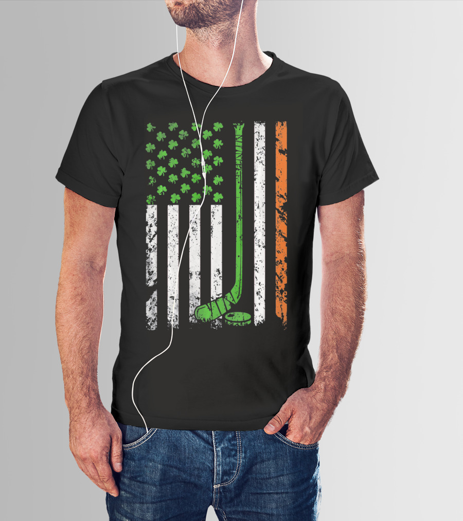 Irish American Hockey Flag With Shamrocks And Hockey Stick T-Shirt