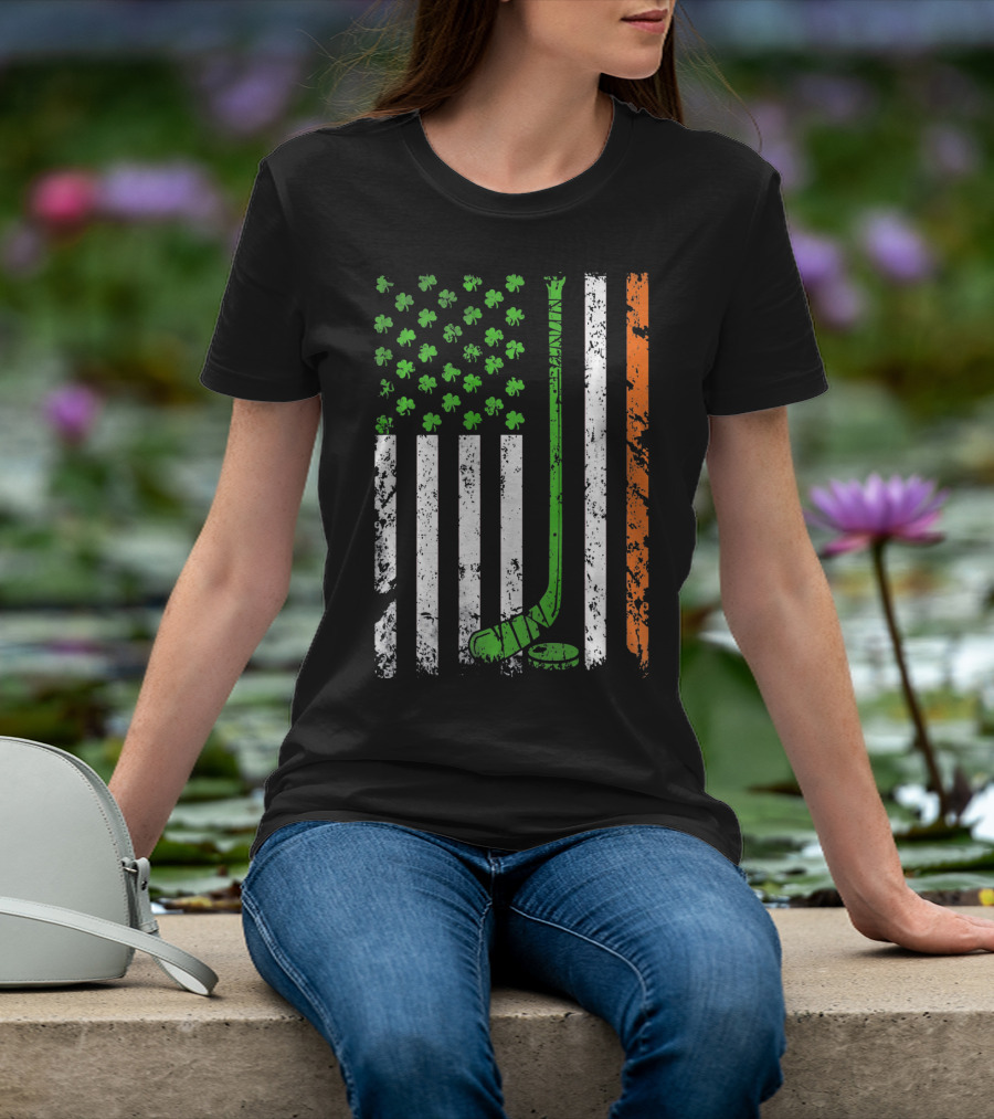 Irish American Hockey Flag With Shamrocks And Hockey Stick T-Shirt