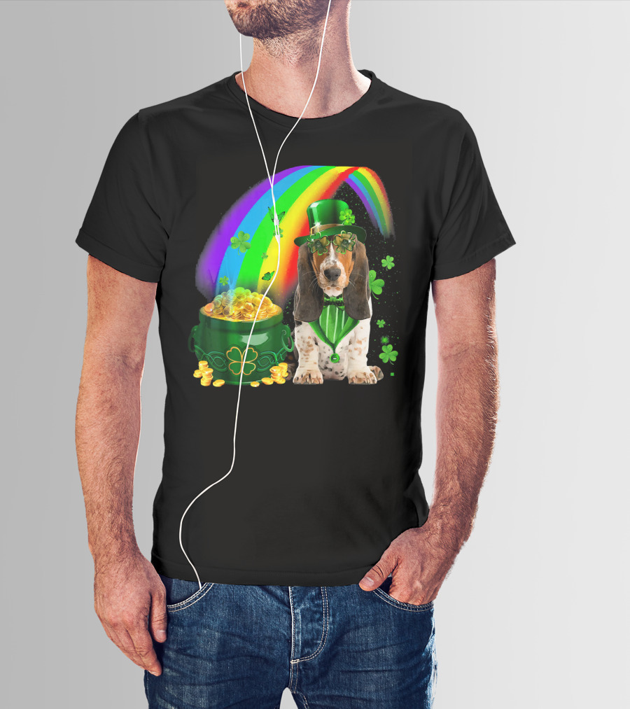 Basset Hound With Leprechaun Hat Rainbow And Pot Of Gold T-Shirt