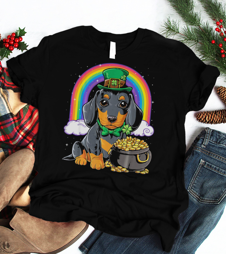Dachshund Leprechaun Hat Rainbow Pot Of Gold T-Shirt