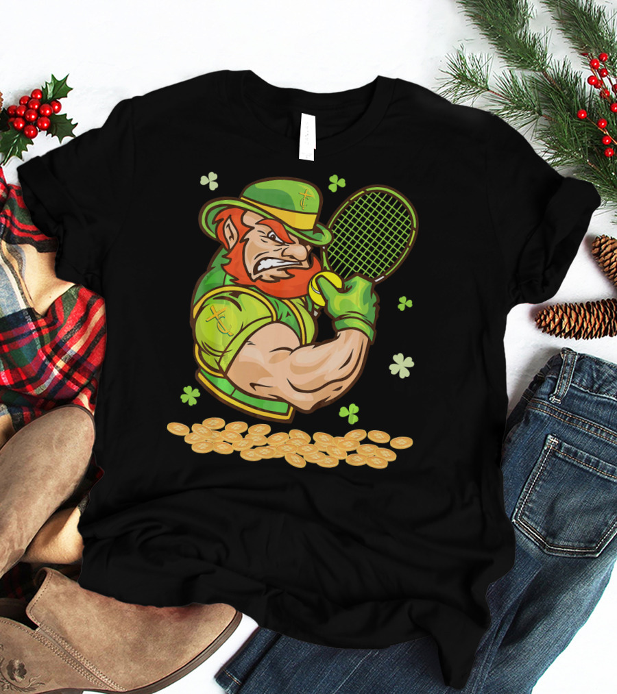 Leprechaun Playing Tennis With Shamrocks And Gold Coins T-Shirt