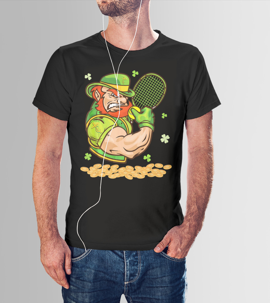 Leprechaun Playing Tennis With Shamrocks And Gold Coins T-Shirt