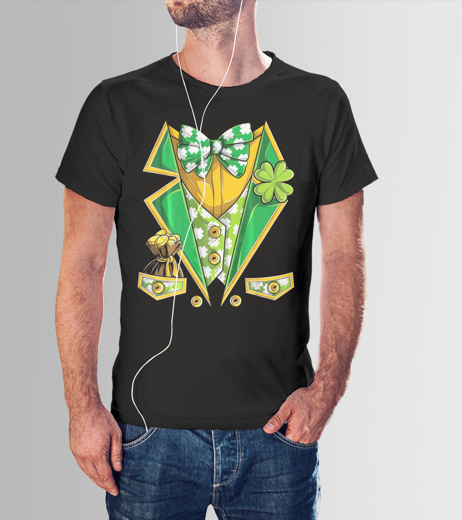 Leprechaun Costume St Patricks Green Suit With Shamrocks And Gold Coins T-Shirt