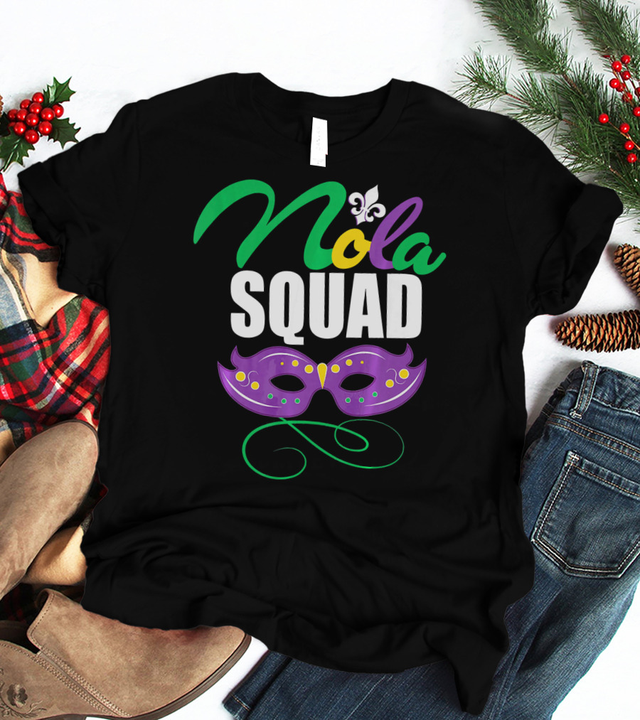 Nola Squad Mardi Gras New Orleans Purple Mask Fleur-de-Lis T-Shirt