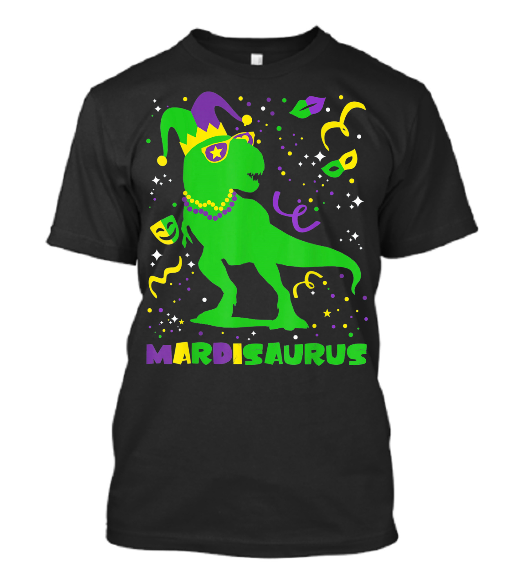 Mardi Gras Dinosaur Mardisaurus Jester Hat Beads Masks Party T-Shirt