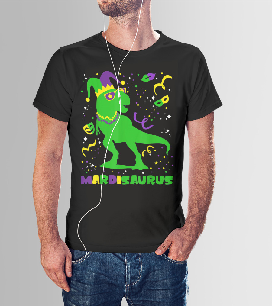 Mardi Gras Dinosaur Mardisaurus Jester Hat Beads Masks Party T-Shirt