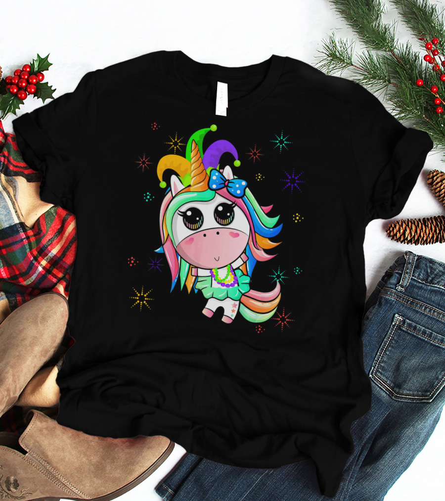 Mardi Gras Unicorn With Colorful Beads And Jester Hat T-Shirt