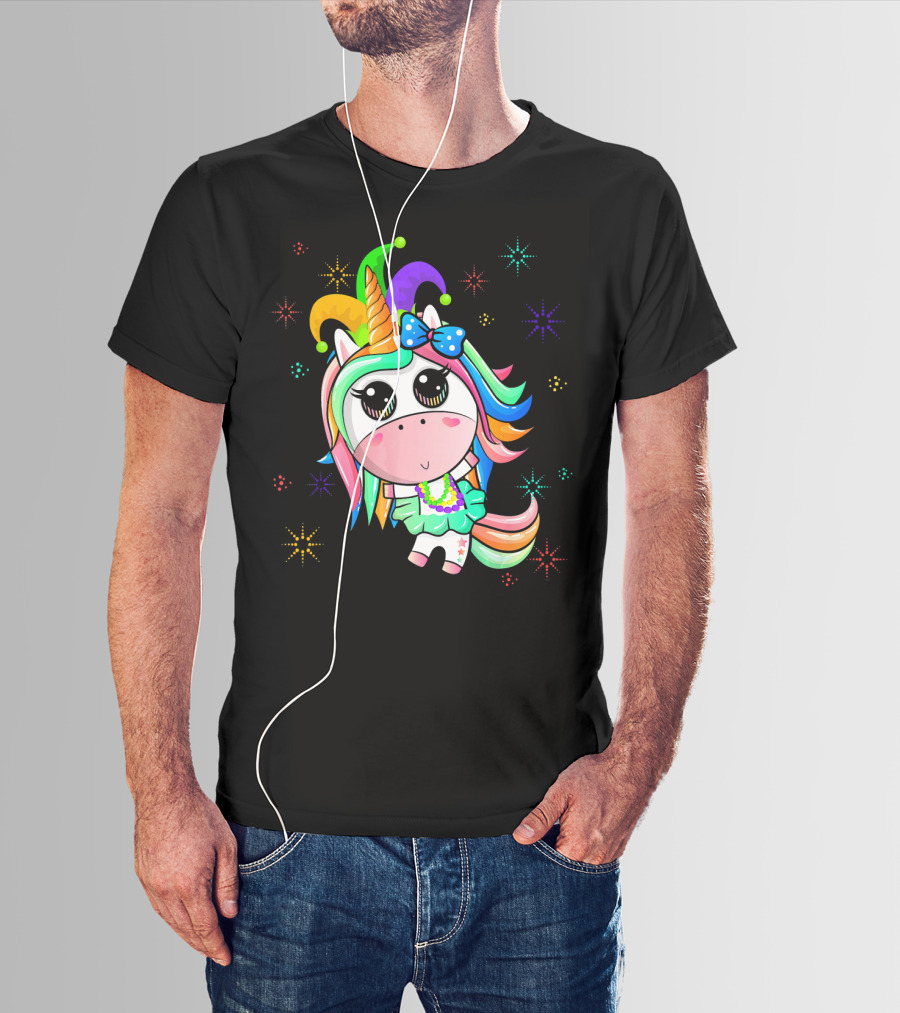 Mardi Gras Unicorn With Colorful Beads And Jester Hat T-Shirt