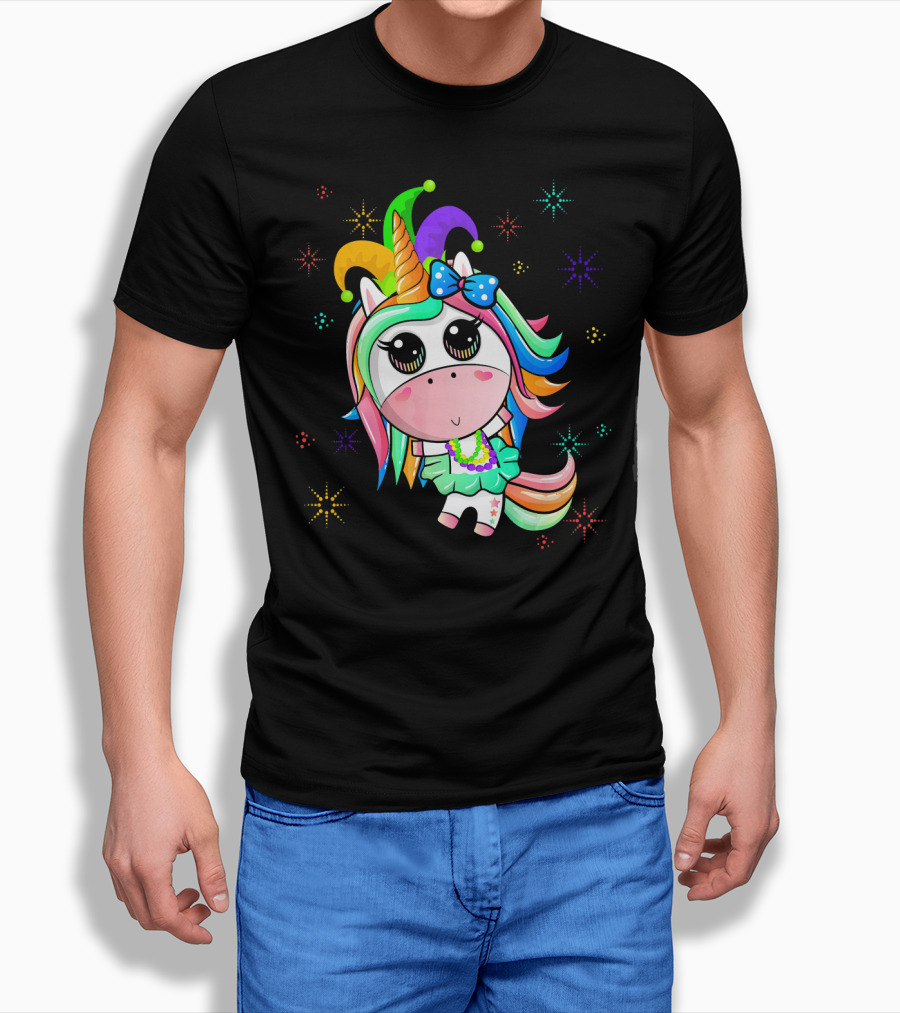 Mardi Gras Unicorn With Colorful Beads And Jester Hat T-Shirt