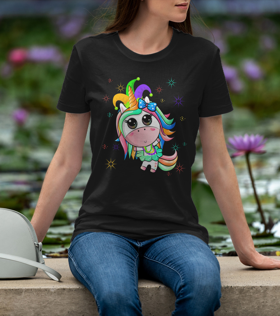 Mardi Gras Unicorn With Colorful Beads And Jester Hat T-Shirt