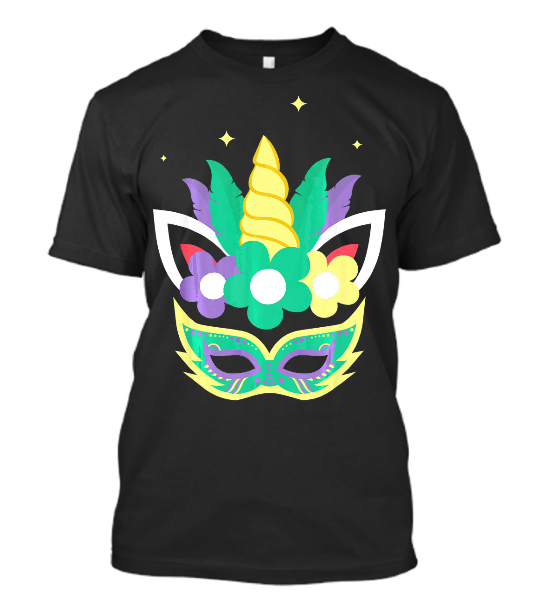 Unicorn Mardi Gras Mask With Flowers And Stars T-Shirt