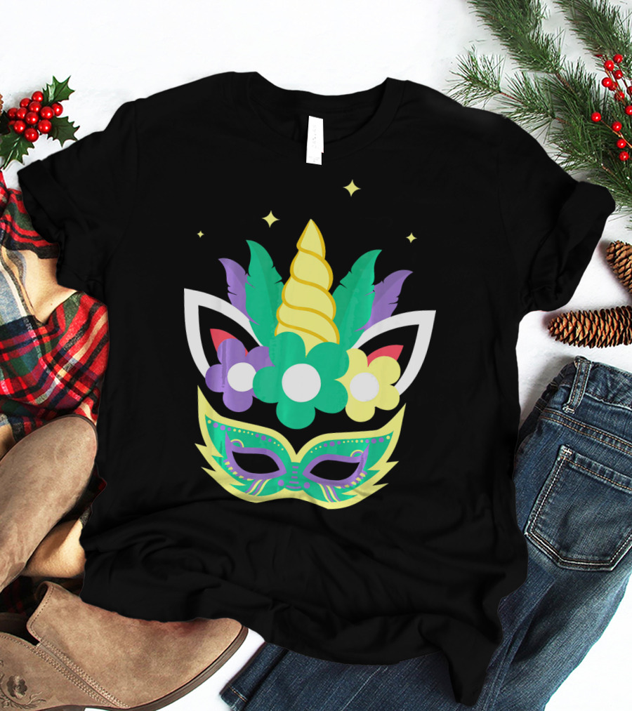Unicorn Mardi Gras Mask With Flowers And Stars T-Shirt