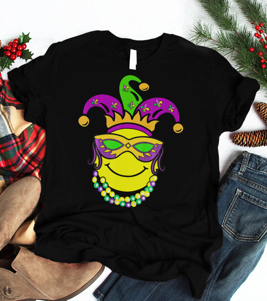 Mardi Gras Emoji Jester Mask Fleur-de-Lis Beads Funny Mardi Gras Lover T-Shirt