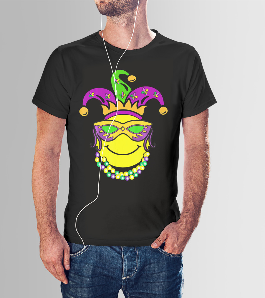 Mardi Gras Emoji Jester Mask Fleur-de-Lis Beads Funny Mardi Gras Lover T-Shirt