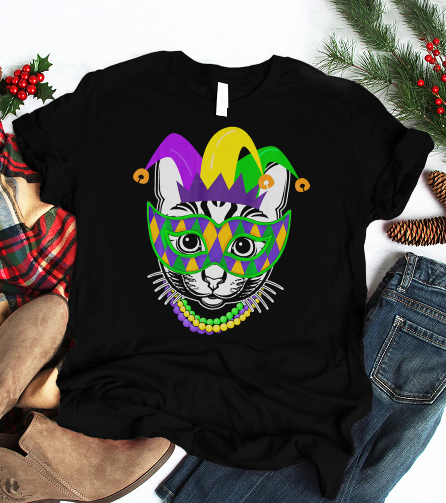 Mardi Gras Cat Jester Mask Beads Kitty Lovers T-Shirt