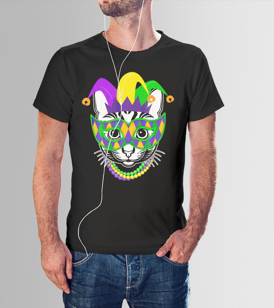 Mardi Gras Cat Jester Mask Beads Kitty Lovers T-Shirt