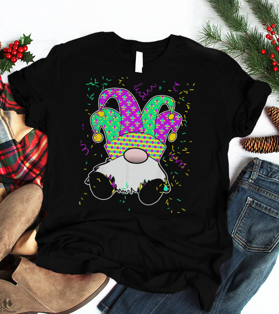Cute Mardi Gras Gnome Jester Hat Fleur De Lis Fun Confetti T-Shirt