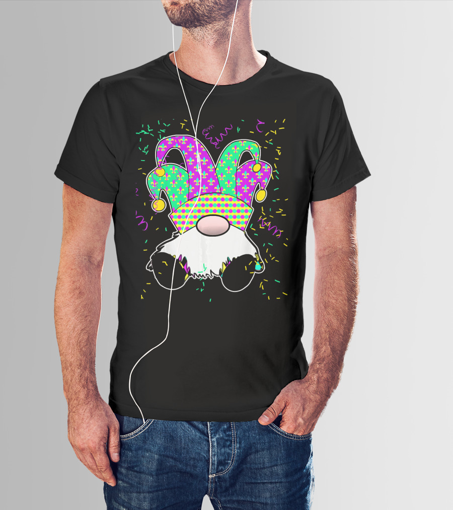 Cute Mardi Gras Gnome Jester Hat Fleur De Lis Fun Confetti T-Shirt