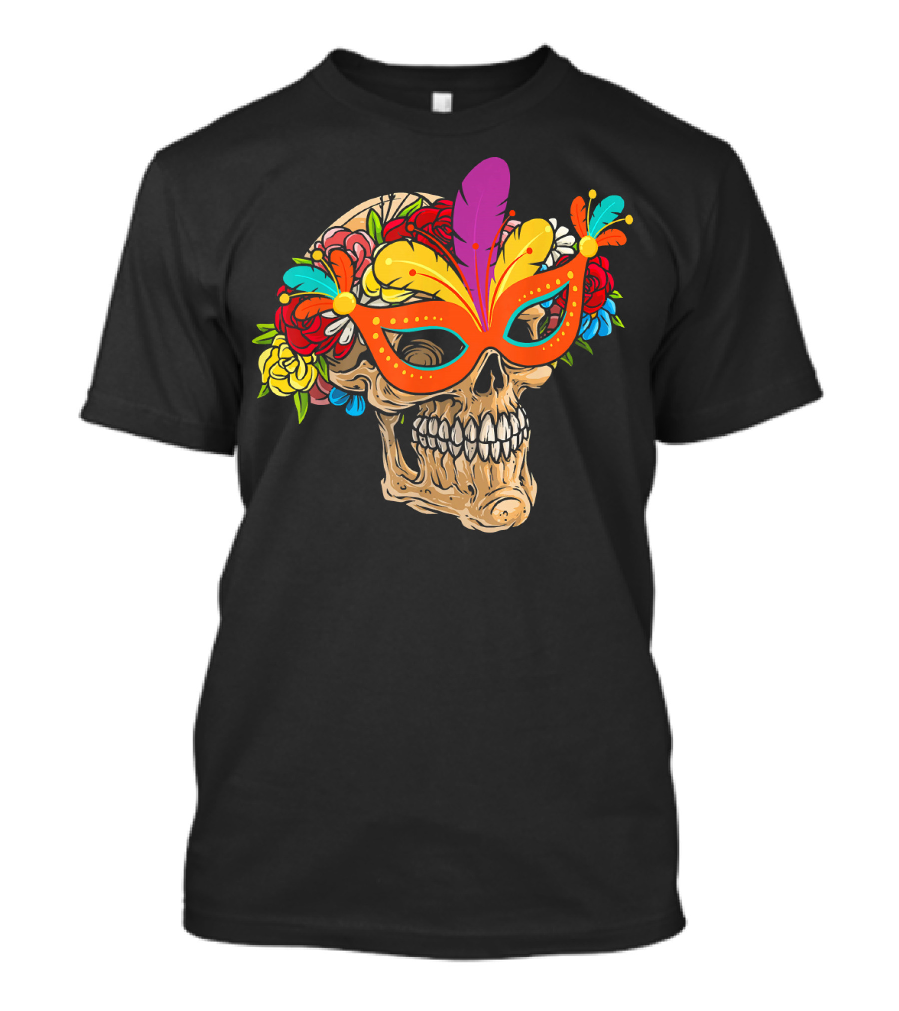 Mardi Gras Skull Mask With Colorful Floral Jester Hat T-Shirt