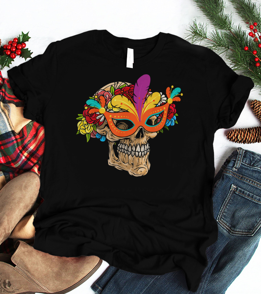 Mardi Gras Skull Mask With Colorful Floral Jester Hat T-Shirt