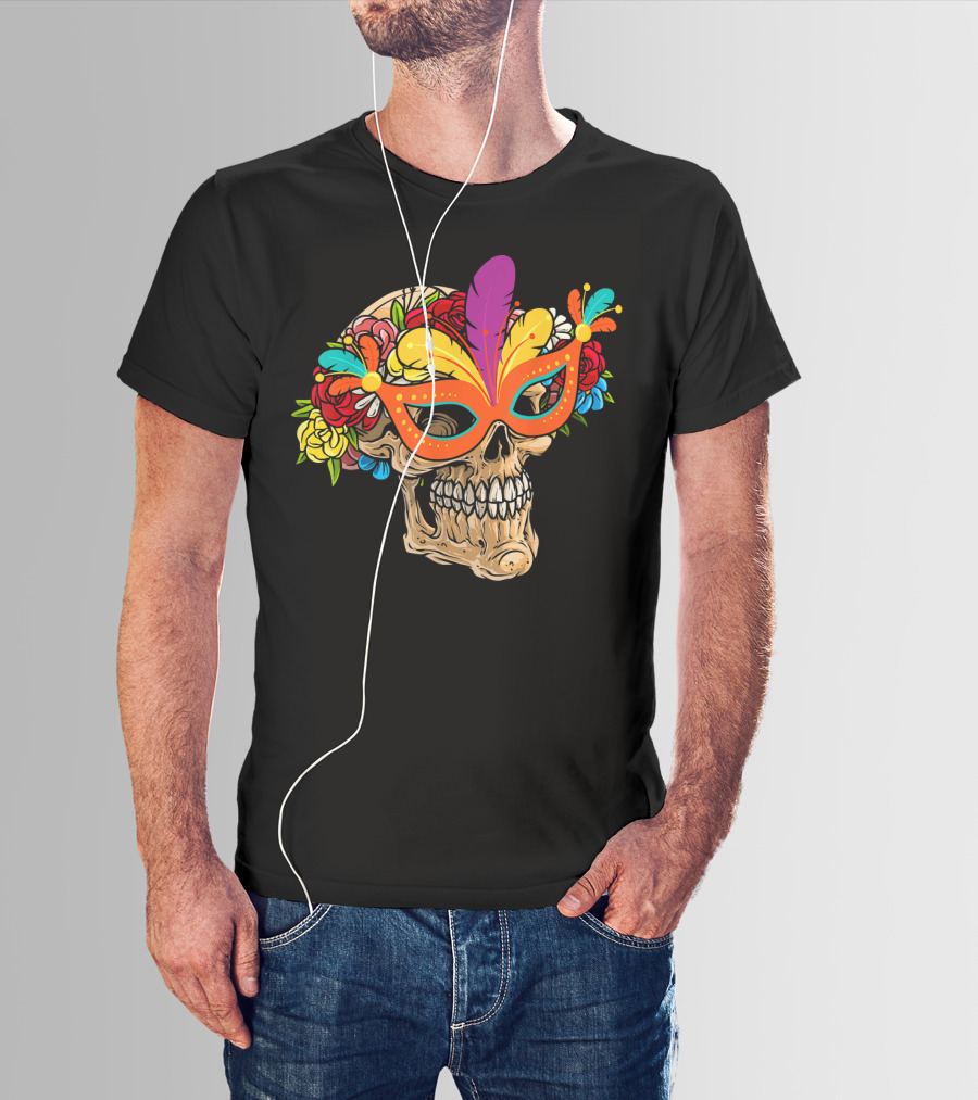 Mardi Gras Skull Mask With Colorful Floral Jester Hat T-Shirt