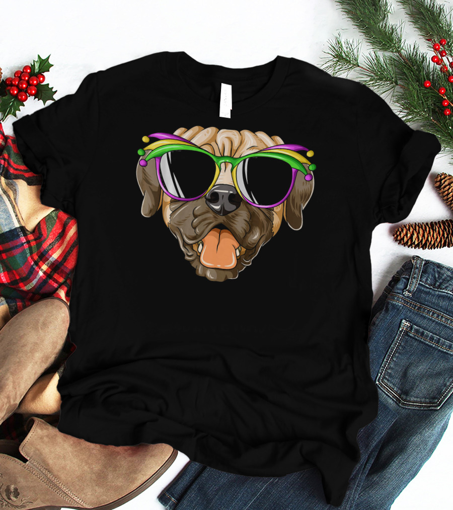 Mardi Gras Carnival Mask Mastiff Sunglasses Fun T-Shirt