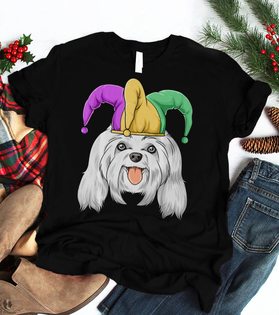Mardi Gras Carnival Hat Maltese Dog Jester T-Shirt