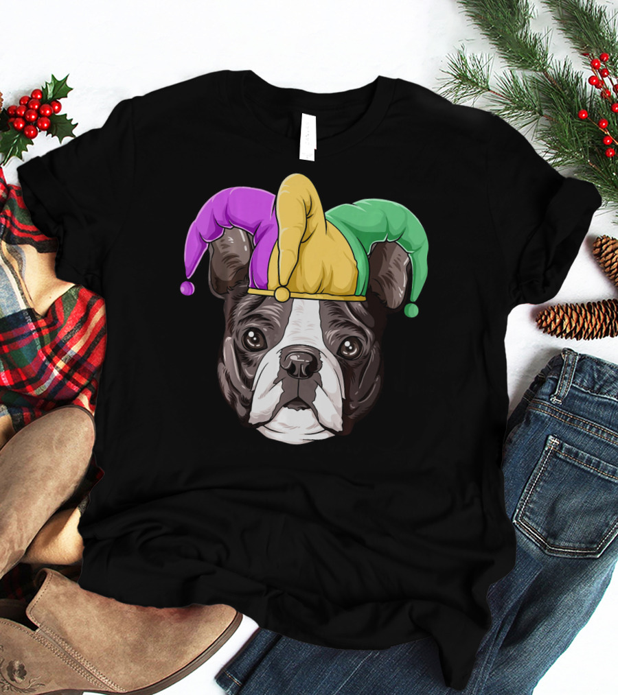 Mardi Gras Boston Terrier Jester Hat T-Shirt