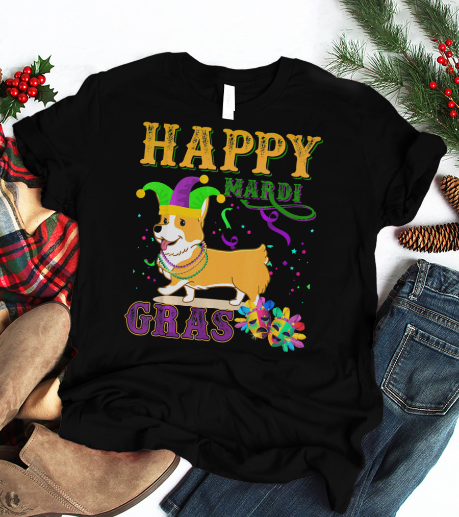 Happy Mardi Gras Welsh Corgi Costume Party T-Shirt