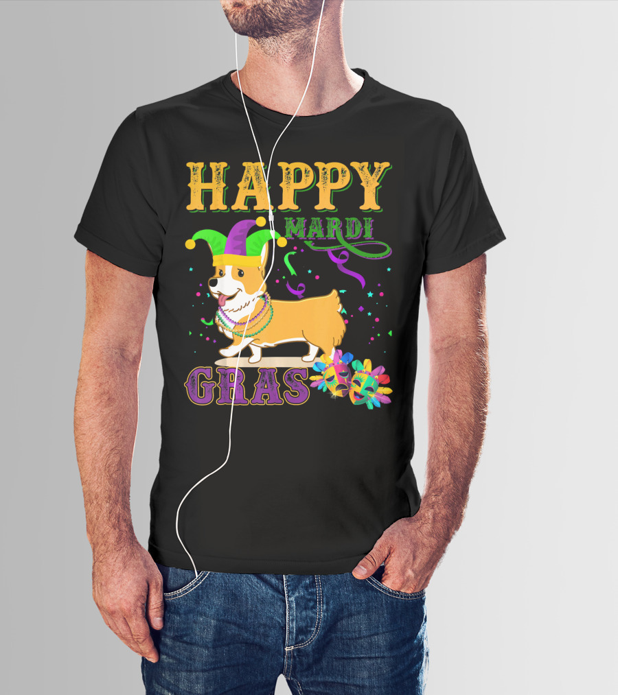 Happy Mardi Gras Welsh Corgi Costume Party T-Shirt