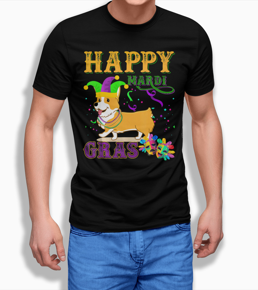 Happy Mardi Gras Welsh Corgi Costume Party T-Shirt