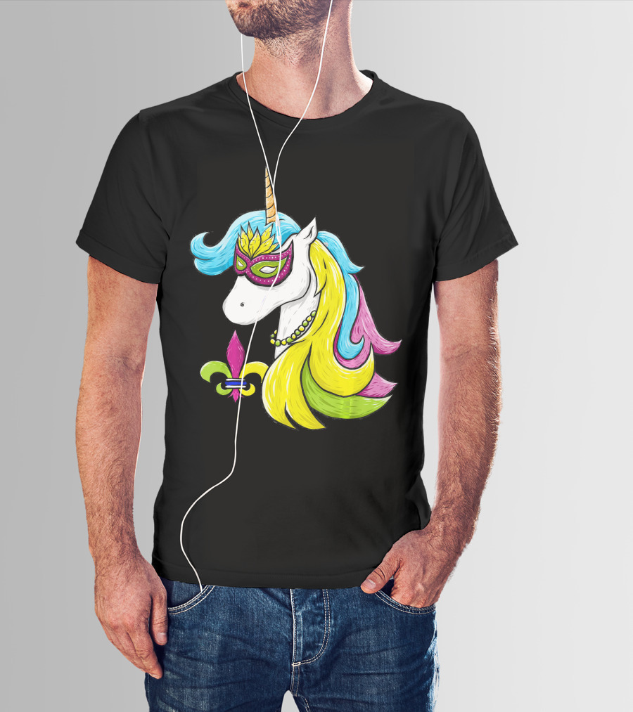 Mardi Gras Unicorn Mask With Fleur-de-Lis And Colorful Hair Fat Tuesday T-Shirt