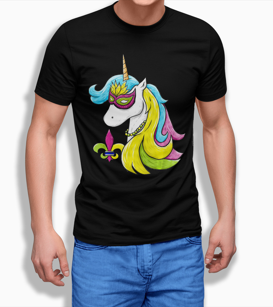 Mardi Gras Unicorn Mask With Fleur-de-Lis And Colorful Hair Fat Tuesday T-Shirt