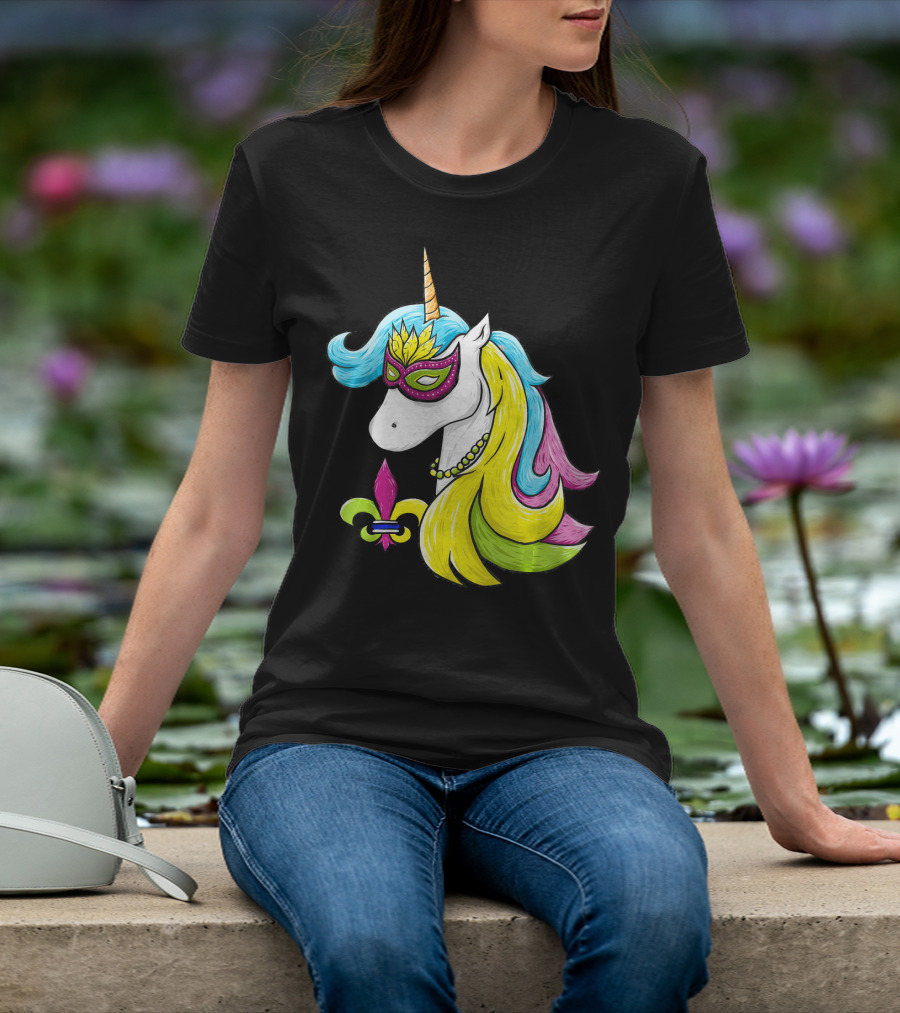 Mardi Gras Unicorn Mask With Fleur-de-Lis And Colorful Hair Fat Tuesday T-Shirt