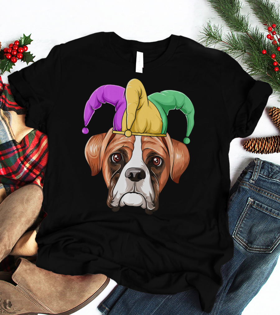 Mardi Gras Jester Hat Boxer Dog Carnival T-Shirt