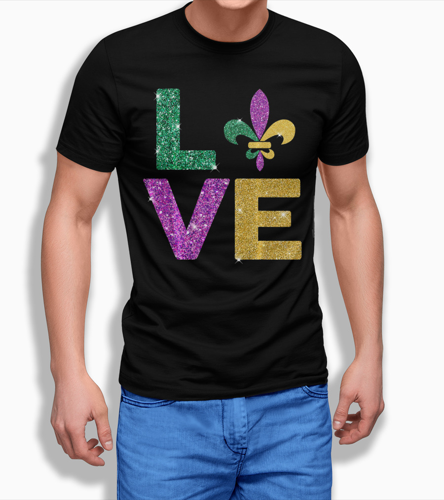 LOVE Mardi Gras Carnival Fleur-de-Lis Glitter T-Shirt