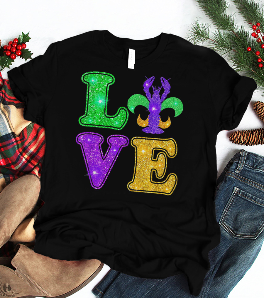 Mardi Gras Love Glitter Fleur De Lis Crawfish T-Shirt