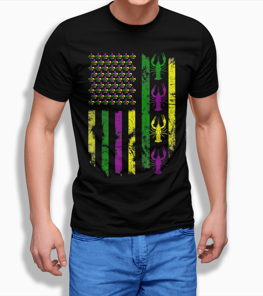 Mardi Gras Fleur-de-Lis Crawfish Flag In Purple Green Gold T-Shirt