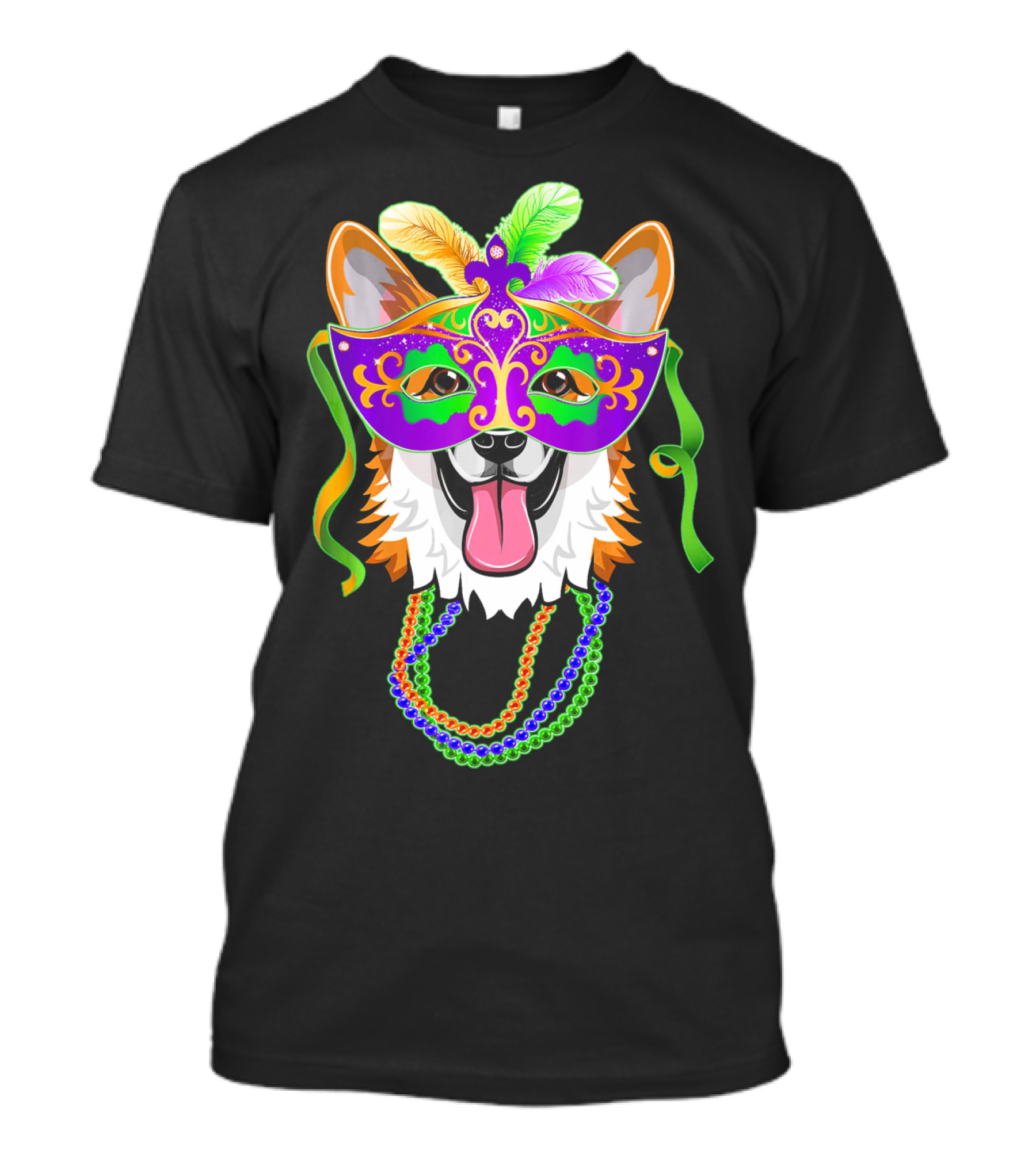 Mardi Gras Corgi Mask With Colorful Beads And Feathers T-Shirt