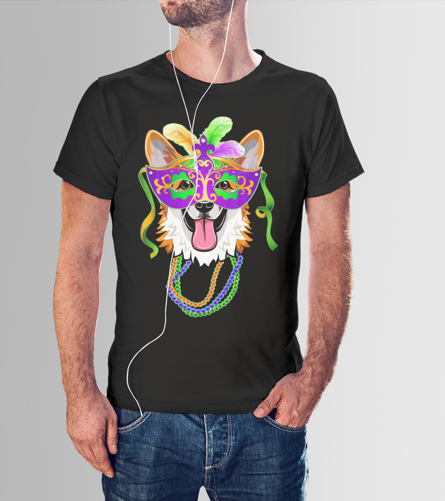 Mardi Gras Corgi Mask With Colorful Beads And Feathers T-Shirt