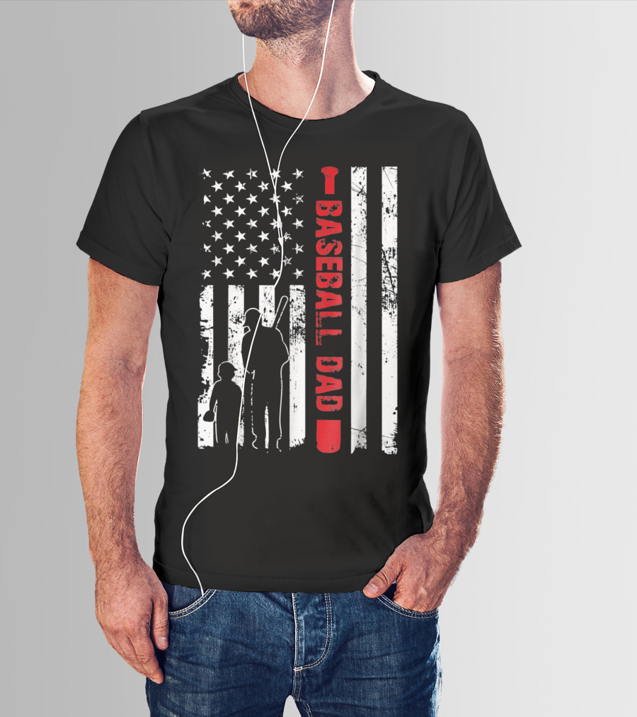 Mens Proud Baseball Dad American Flag Vertical Silhouette And Stars T-Shirt