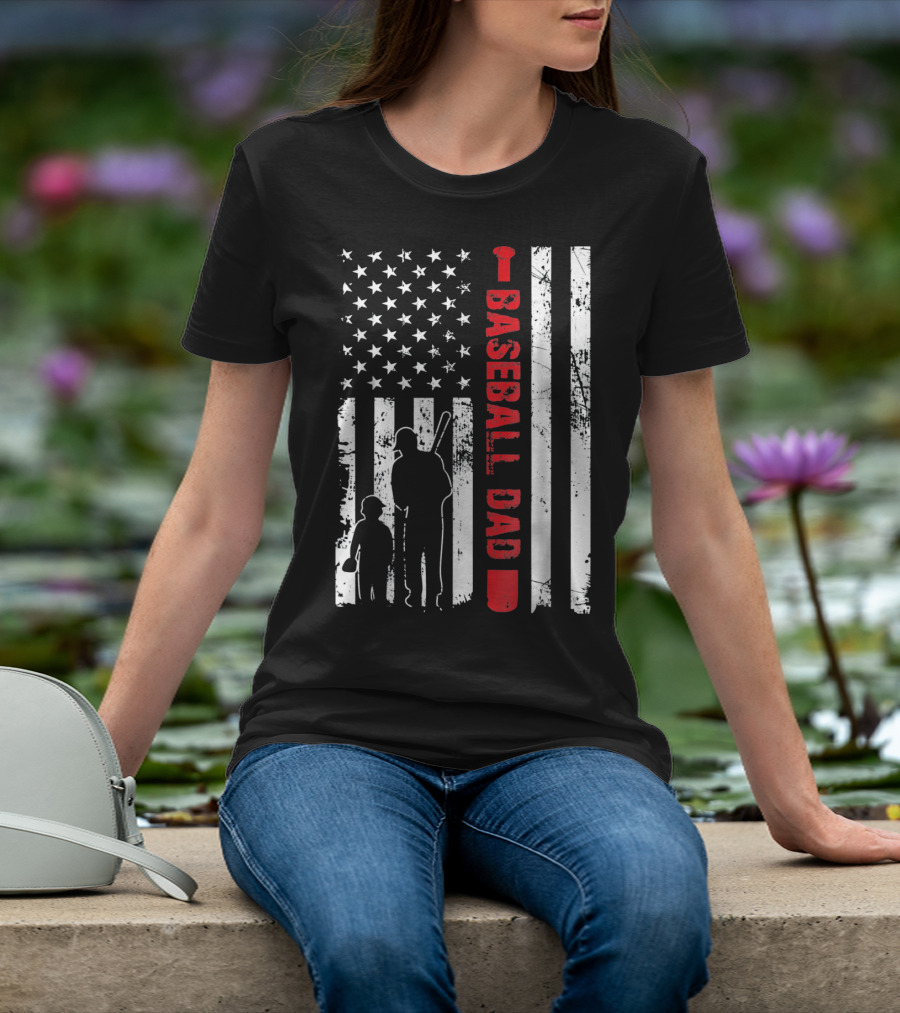 Mens Proud Baseball Dad American Flag Vertical Silhouette And Stars T-Shirt