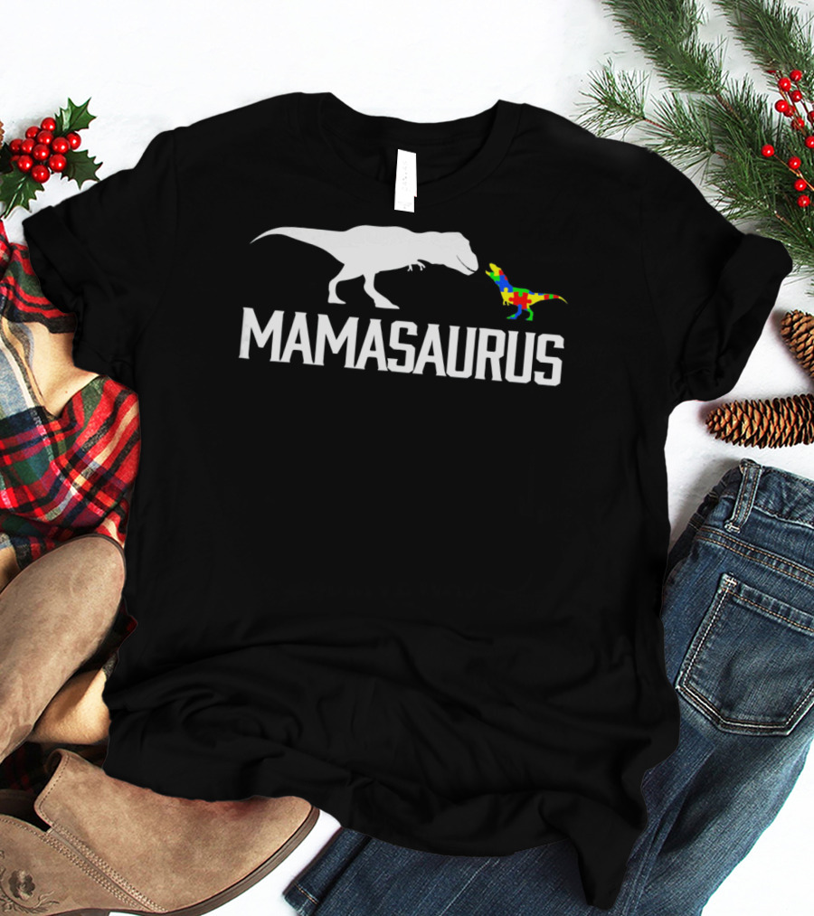 Mamasaurus Dinosaur Autism Mom Puzzle Piece T-Shirt