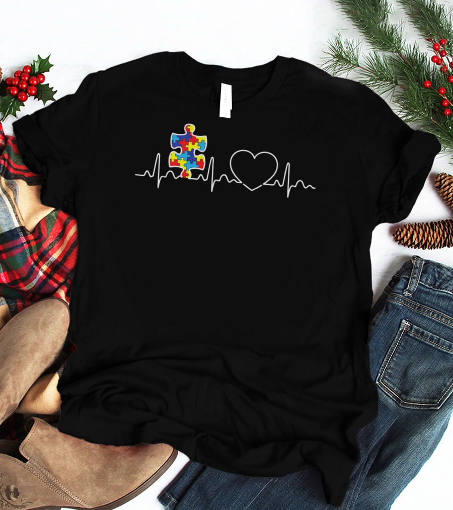 Puzzle Piece Heartbeat Autism Awareness T-Shirt