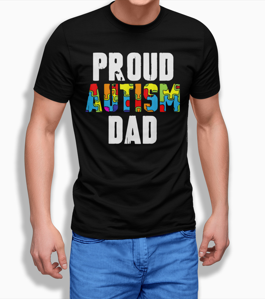 Proud Autism Dad Colorful Puzzle Piece Autism Awareness T-Shirt