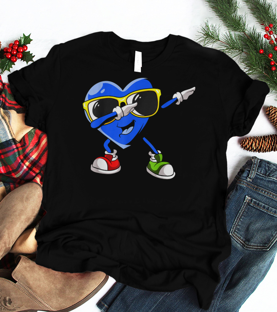 Autism Awareness Dabbing Blue Heart With Sunglasses In Red And Green Sneakers T-Shirt