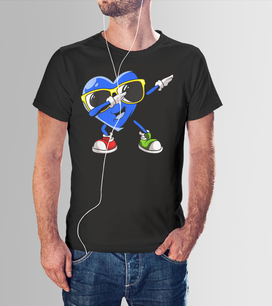 Autism Awareness Dabbing Blue Heart With Sunglasses In Red And Green Sneakers T-Shirt