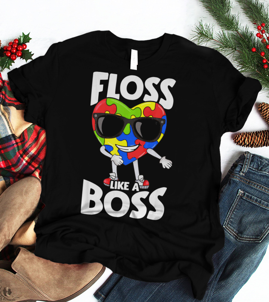 Autism Awareness Floss Like A Boss Puzzle Heart Wearing Sunglasses T-Shirt